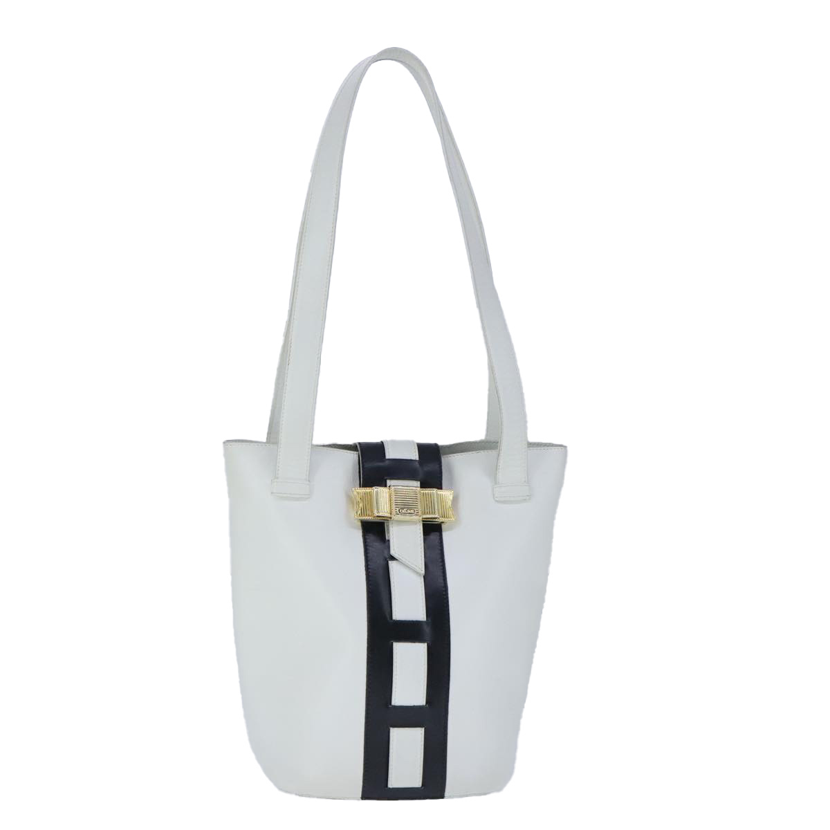 Celine Ribbon Tote Bag Leather White Black Auth 100656